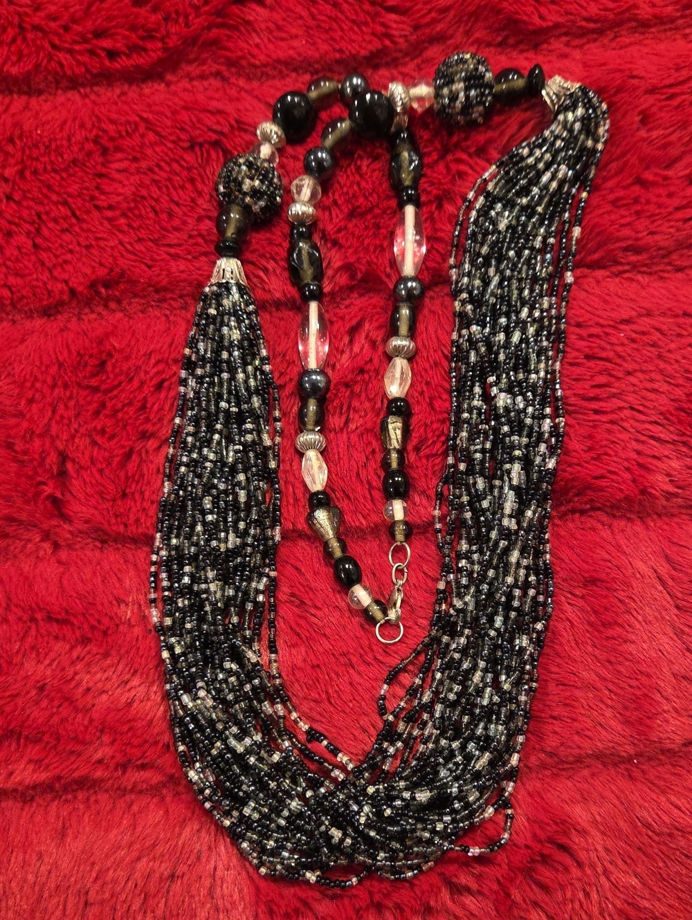 Multistrand Black and Silver Seed Bead Necklace